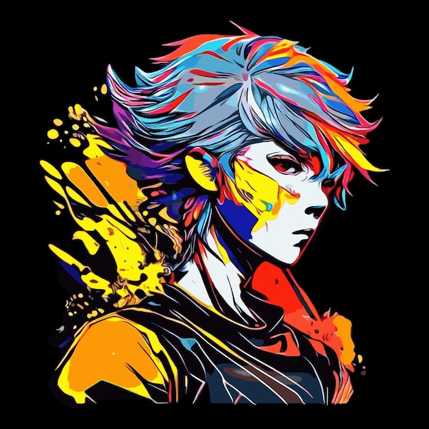 Male character bright T-shirt vector logo, futuristic colorful background with a handsome male face