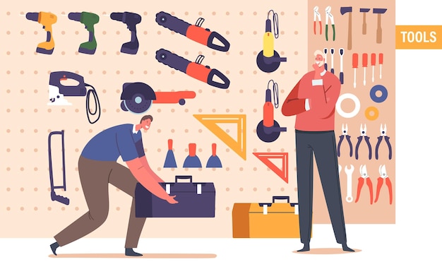 Male Character Browses The Tool Shop Carefully Selecting Perfect Toolbox To Suit His Needs Cartoon Illustration