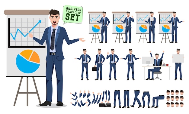 Male character for business presentation vector set Business man cartoon character creation set