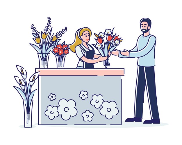 Vector male character buys the bouquet of beautiful flowers at florist