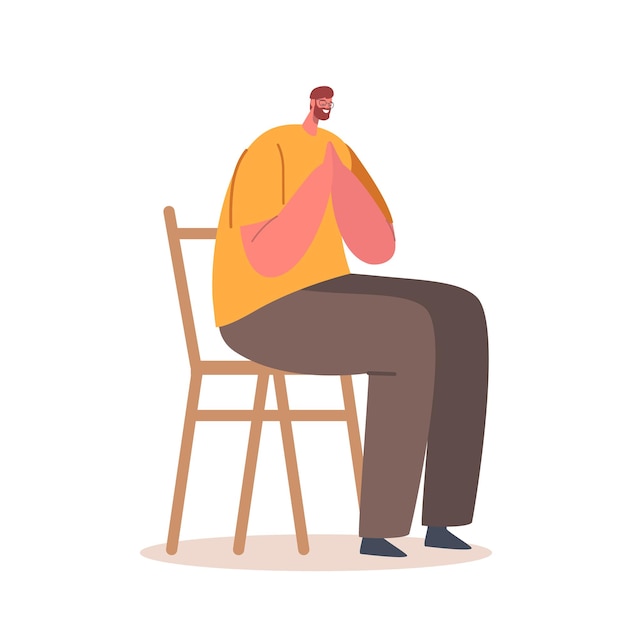 Male Character Catholic Prayer With Clasped Hands Sitting on Chair Lost In Deep Thought Man Praying Vector Illustration