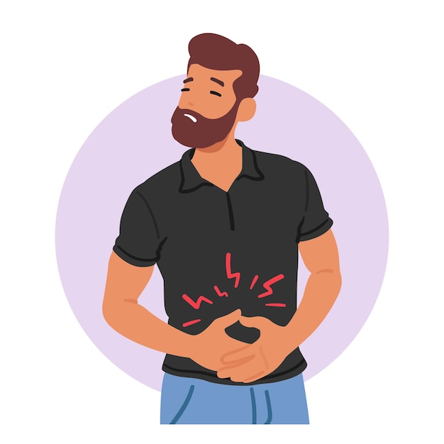 Vector male character experiencing abdominal discomfort symptom of gastritis man feel pain and discomfort in the stomach area often accompanied by indigestion cartoon people vector illustration