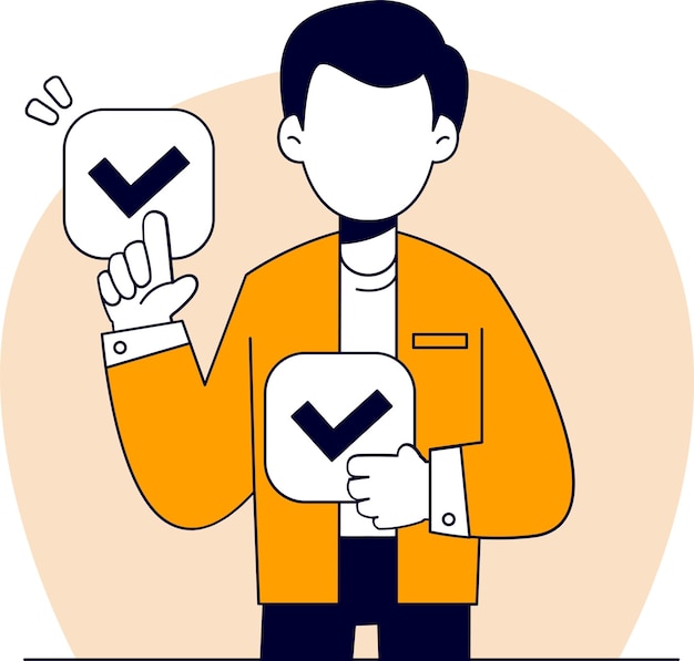 A male character holding a checkmark Flat vector illustration