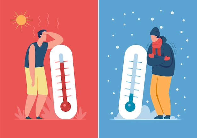 Male character in hot and cold weather with outdoor thermometer Person sweating or freezing summer vs winter season vector illustration