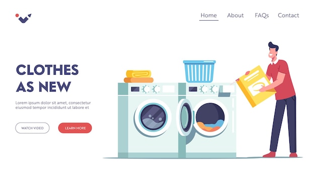 Male a Character in Laundry Landing Page Template. Loading Dirty Clothing and Detergent Powder to Laundromat or Washing Machine. Launderette Cleaning Service, Household. Cartoon Vector Illustration