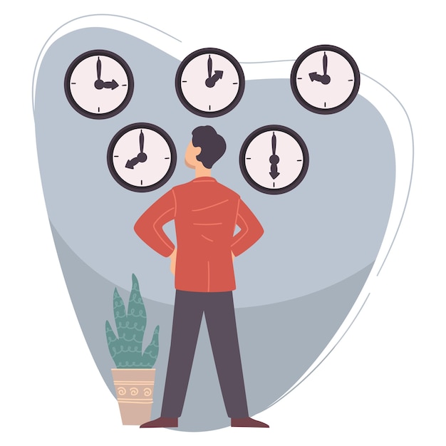 Male character looking at clocks hanging on wall. Business and time management. Employee or boss hurrying, countdown or deadline setting. Professional manager with watches. Vector in flat style