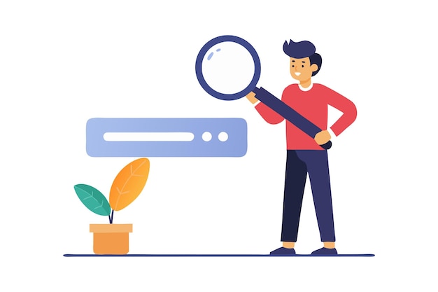 Vector male character looking through magnifying glass inspecting a small plant beside a search engine illustration