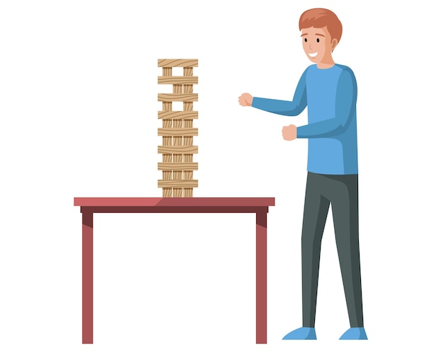 Vector male character playing jenga alone guy collects wooden tower from bricks young man playing logic game vector illustration player standing near table with wooden blocks stacked in high tower