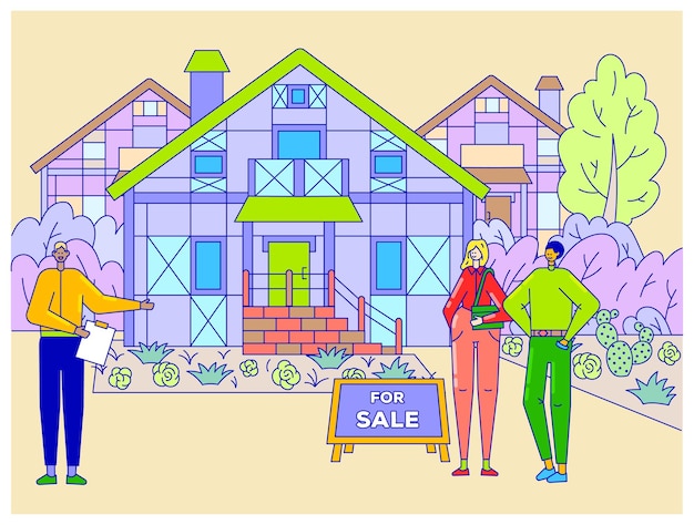 Male character realtor hold document for sale house to modern young family couple man woman watch