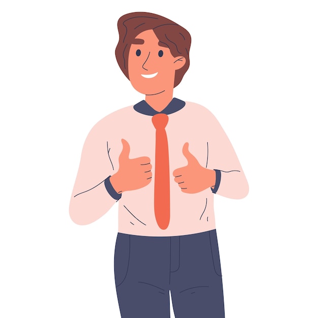 Male character show thumbs up signs Cheerful smiling guy with positive like approval gestures happy person body language flat vector illustration on white background