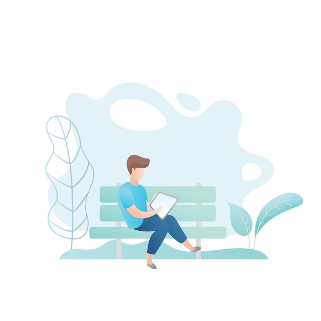 Male character sitting on bench guy with tablet pcdesign in trendy style vector illustration