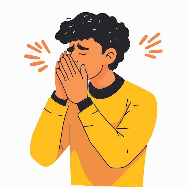 Male character sneezing or coughing Man blowing his nose in handkerchief Flat vector illustration