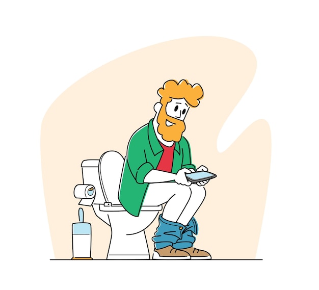 Male Character Using Smartphone or Tablet while Sitting in Wc