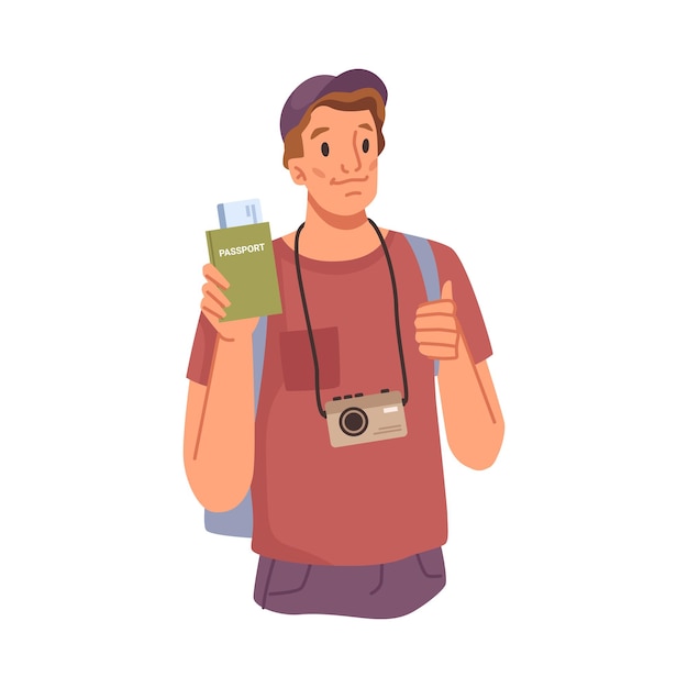 Male character with passport and camera tourist