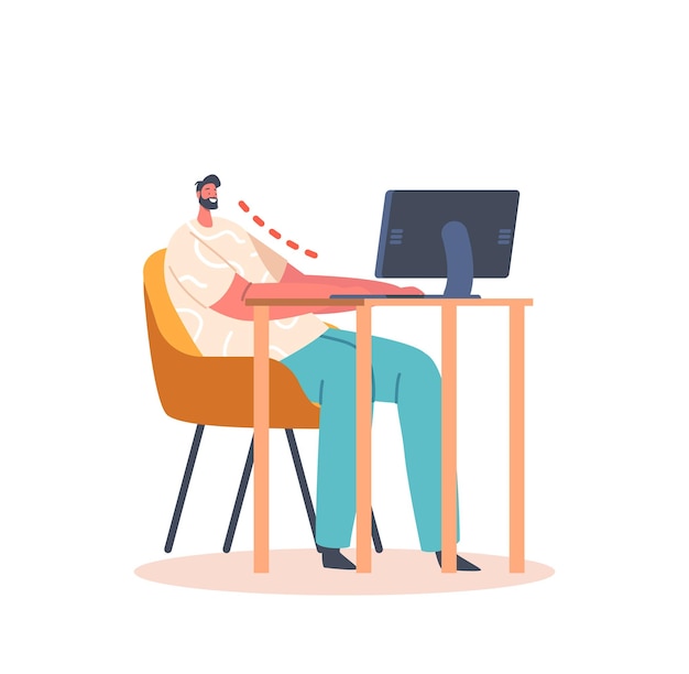 Vector male character wrong sitting position during working at computer man sit at table with monitor spinal curvature