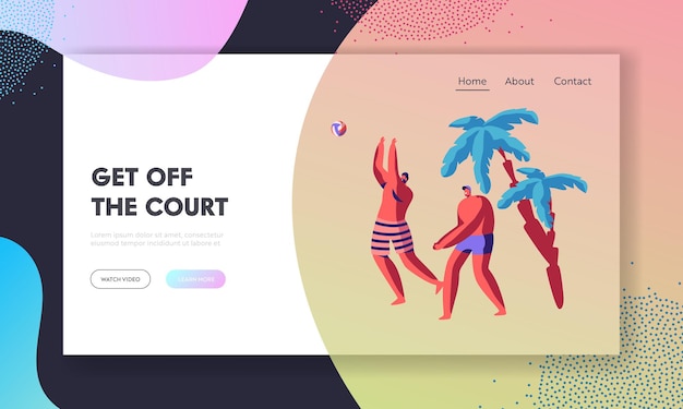 Male Characters Team Playing Beach Volleyball on Exotic Tropical Country. Website Landing Page template