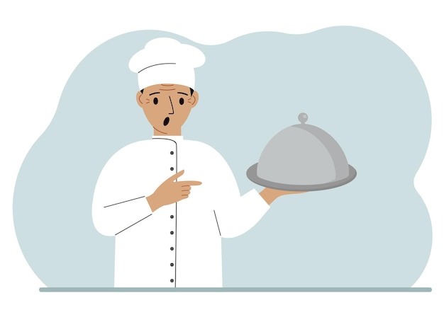 A male chef with a plate covered with a cloche or a tray with a lid