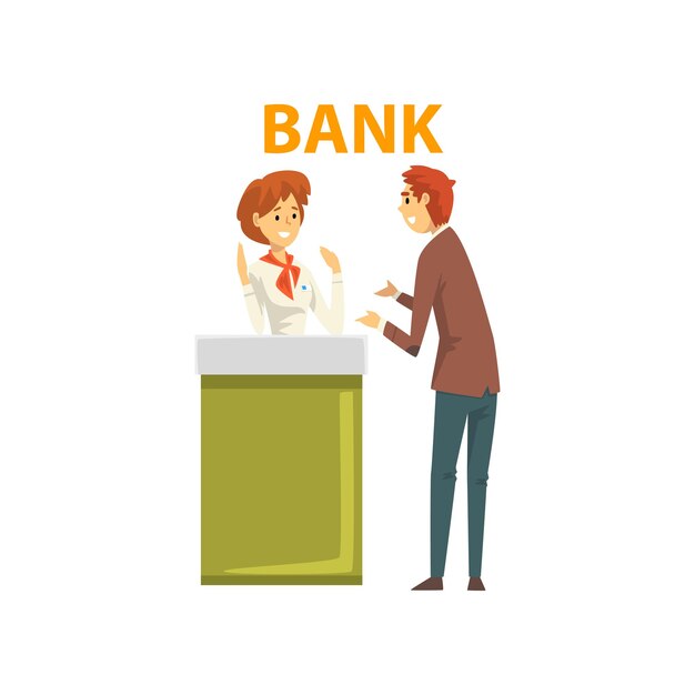 Vector male client consulting at manager at reception desk at bank office vector illustration on white background