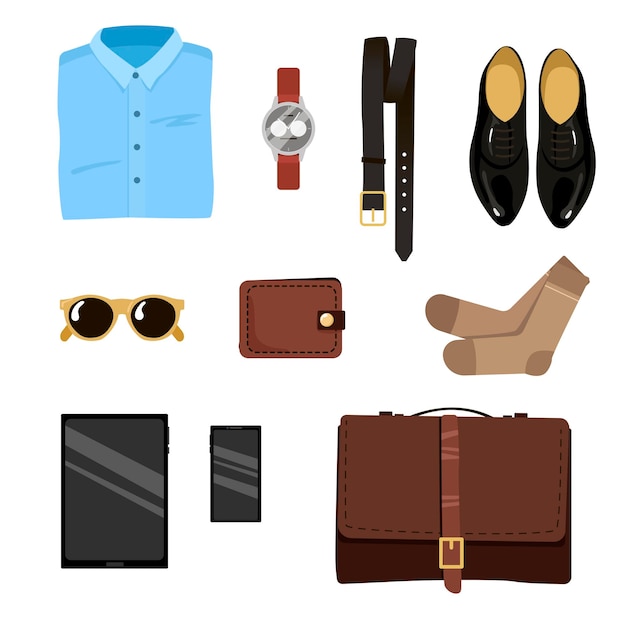 Male clothes for office work. Set of formal business accessories, clothes for official duty illustration. Belt, wallet, shoes, briefcase, shirt, tie, phone