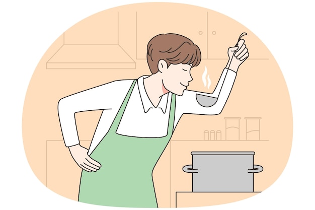 Male cooking soup at home kitchen Happy man tasting food preparing dinner Chef at work Vector illustration