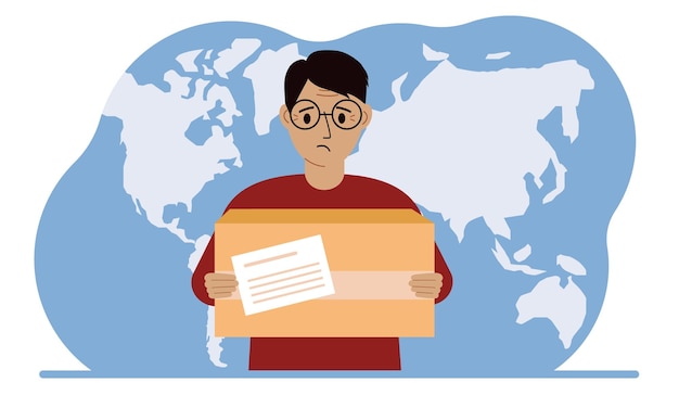 Male courier in uniform holding a box The concept of delivering parcels around the world