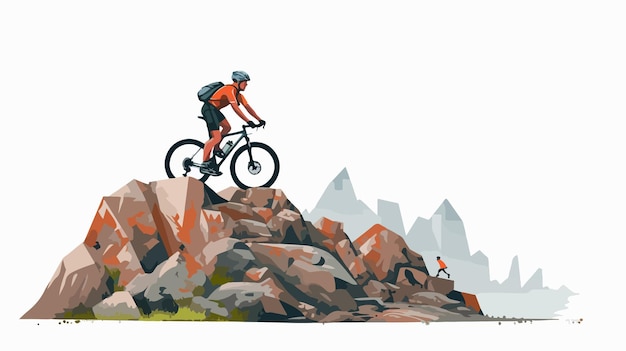 Vector male cyclist with downhill bike on rocky cliff