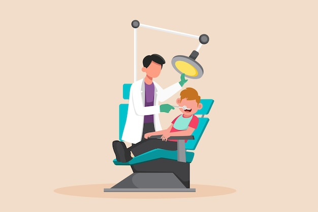 Male Dentist who check the child unhealthy teeth Dentist concept Colored flat vector illustration