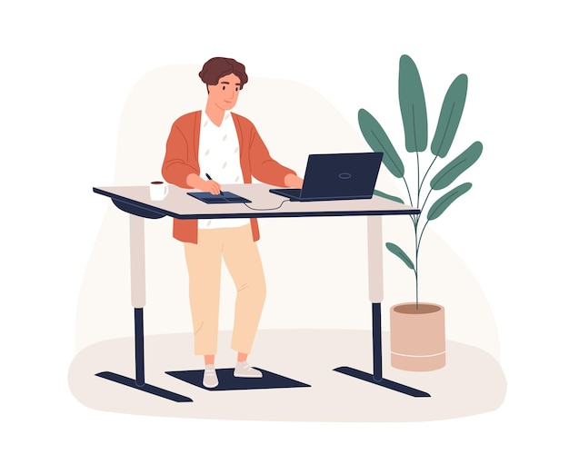 Male designer working at modern ergonomic workplace vector flat illustration. Smiling man standing behind innovative furniture on footrest isolated. Guy use graphic tablet and laptop at workstation.