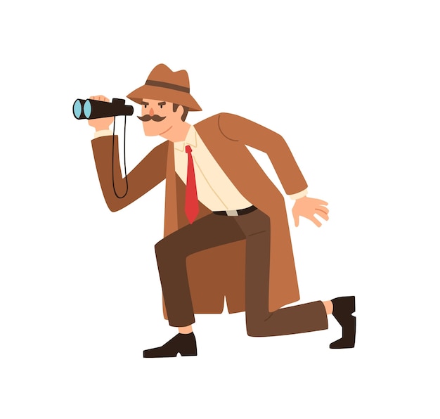 Male detective sneaking looking through binoculars during spy vector flat illustration. Private agent in coat and hat holding surveillance equipment isolated. Observation and investigation.