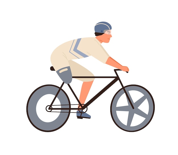 Male disabled athlete with amputated leg ride on bike vector flat illustration. Sportsman cyclist in protective equipment on bicycle performing sports activity isolated on white background.