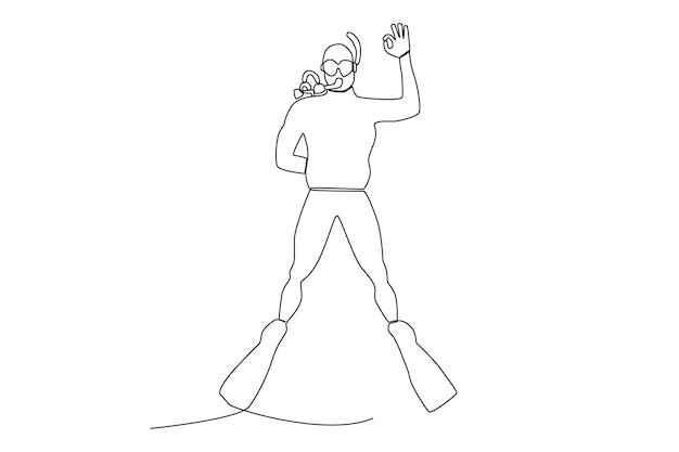 A male diver giving an okay sign in the blue ocean one line art