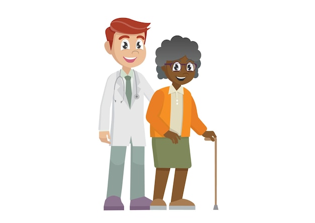 Male doctor helping a grandmother with a cane