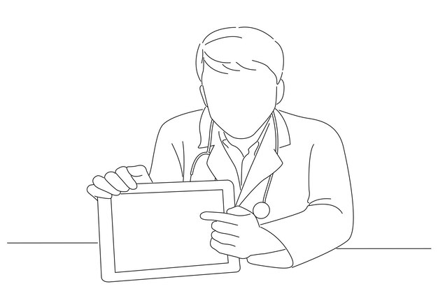 Male doctor showing a blank screen image on a tablet Outline drawing style art