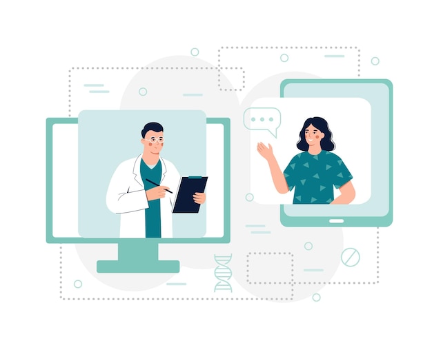 Male doctor and woman talking online on video call about treatment Online doctor occupation Giving consultations to patients online Vector flat illustration in blue colors