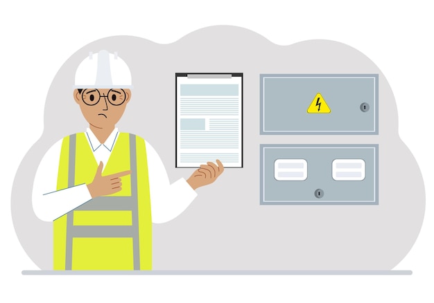 A male electrical engineer holds a clipboard with a contract and stands next to an electrical cabinet The concept of a contract for service connection of electricity or hiring a specialist