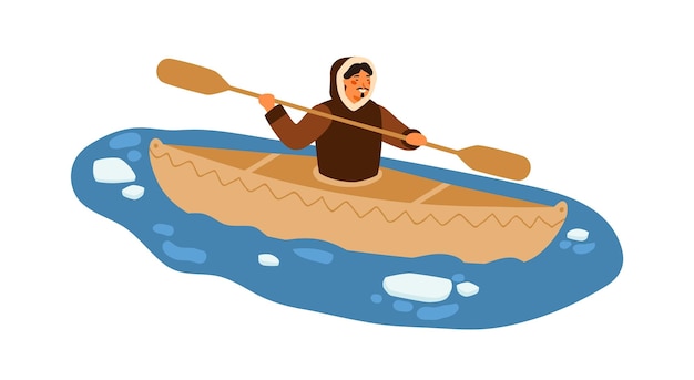 Vector male eskimo in traditional warm clothes floating on kayak with paddle vector flat illustration. ethnic guy on boat at northern sea with ice pieces isolated on white. native polar man in vessel.