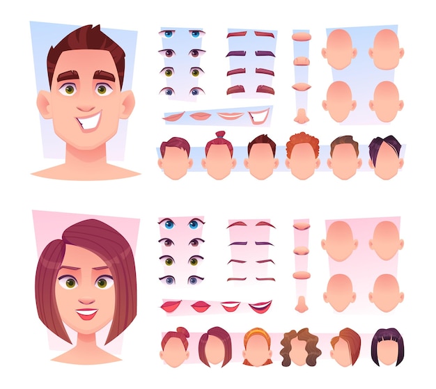 Male face constructor Man face parts avatar creation kit lips nose eyes head various emotions exact vector illustrations in cartoon style