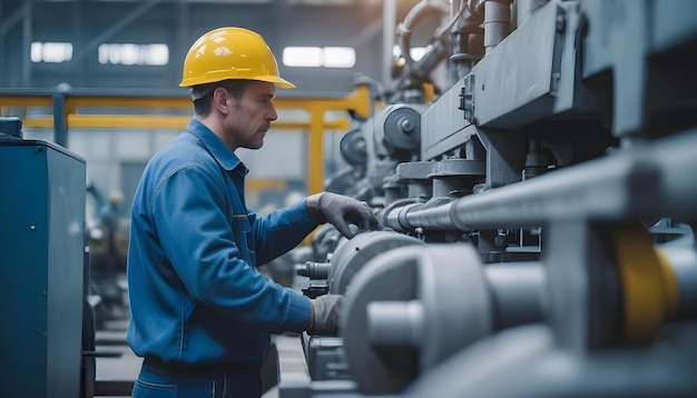 Vector male factory worker in a hard hat and blue overalls operating machinery in a modern industrial plant