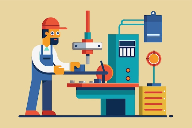 Vector a male factory worker is repairing a machine in a manufacturing facility factory worker repairing machine simple and minimalist flat vector illustration