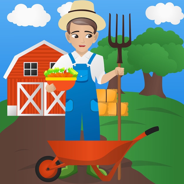 Male Farmer Holding Forkand Vegetable