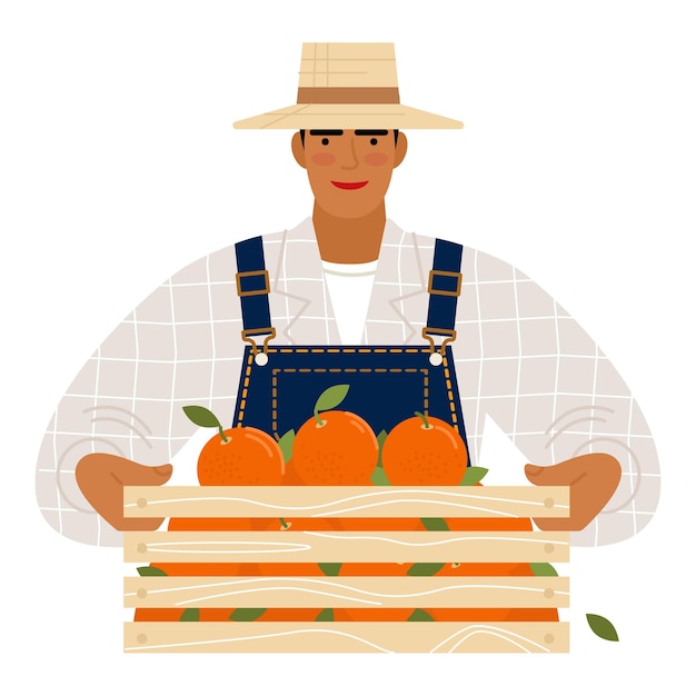 Vector male farmer holds a box of oranges