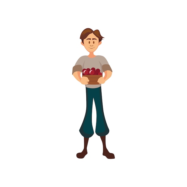 Male farmer standing with basket of cherry gardener harvesting berries cartoon vector Illustration on a white background