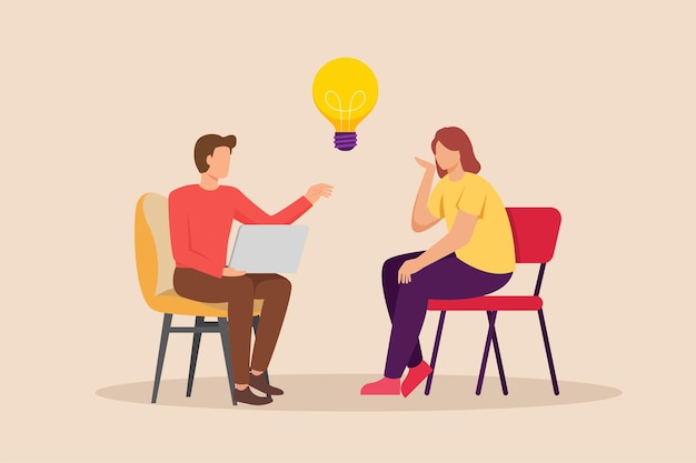 Male and female brainstorming on working session in friendly collaborating in office Coworking concept Flat vector illustrations isolated