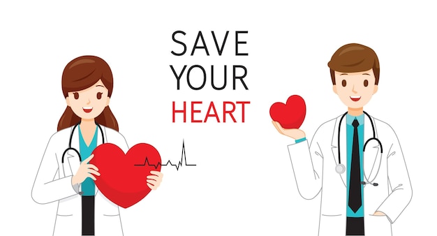 Male And Female Cardiologists With Hearts In Hands And Save Your Heart Texts