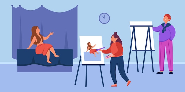 Male and female cartoon artists drawing nude woman in art class. People painting body of naked model behind easels flat illustration