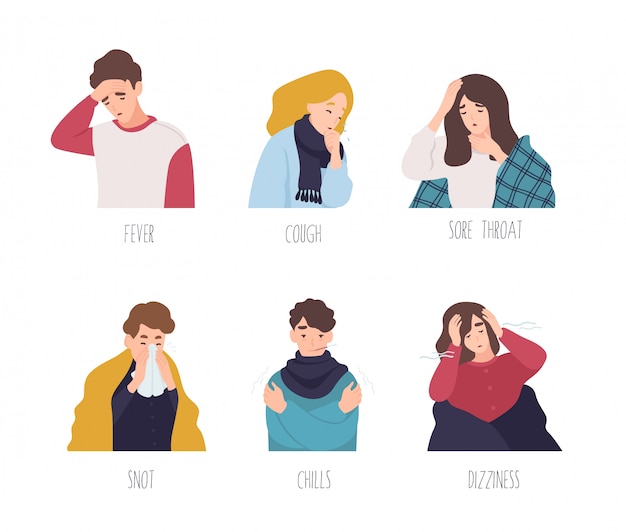 Male and female cartoon characters demonstrating symptoms of common cold - fever, cough, sore throat, snot, chills, dizziness. Collection of sick or ill men and women. Flat   illustration