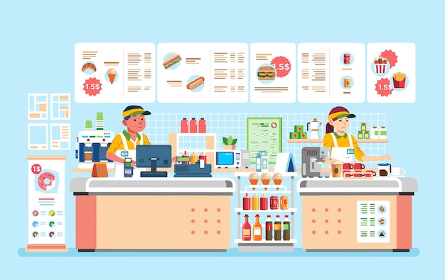 Male and female cashier at fast food restaurant with hamburger, doughnout, hotdog, and many beverages  illustration. used for website image, poster, banner and other