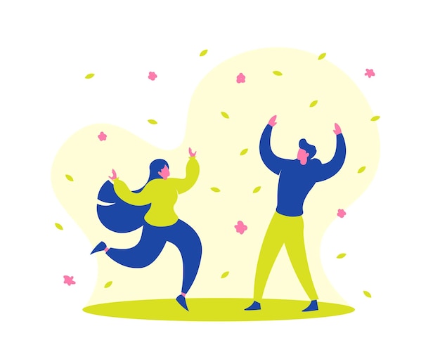 Male And Female Character Dancing In Spring Season Vector Creative Scene Illustration