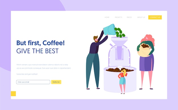 Male and Female Character Make Roasting Green Coffee Bean in Metal Tank Landing Page. Coffee Production Technology. Cafeteria Concept Website or Web Page. Flat Cartoon Vector Illustration