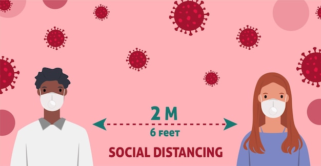 Male and female character wearing surgical mask and face shield maintain social distancing to preven